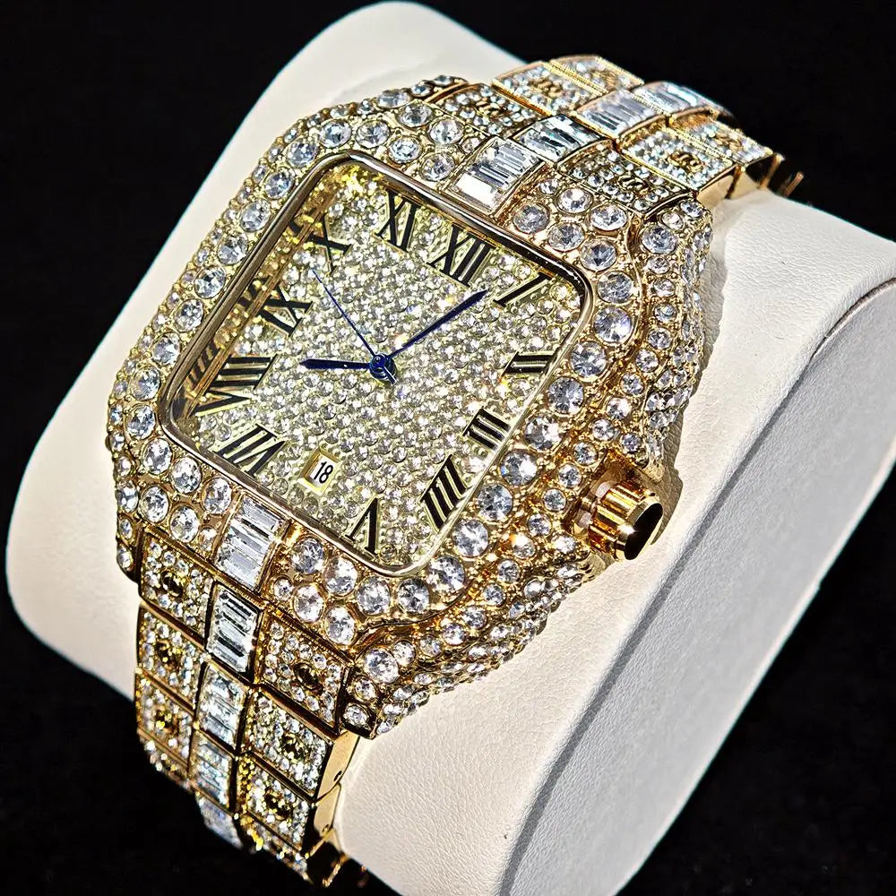 UNIGUET Fashion Diamond Watch for Men Luxury Waterproof Square Quartz Clocks Hip Hop Ice Out Jewelry Wristwatch Male Hot Sell Volleria