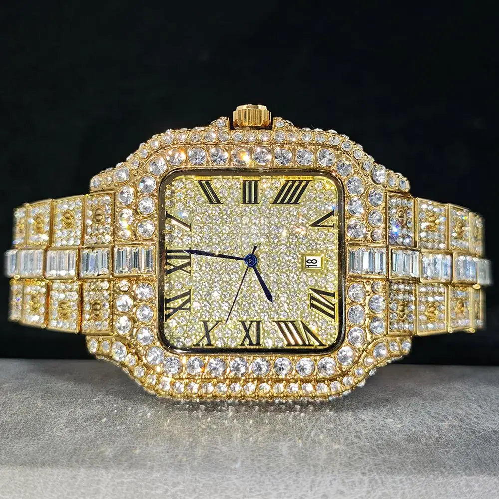 UNIGUET Fashion Diamond Watch for Men Luxury Waterproof Square Quartz Clocks Hip Hop Ice Out Jewelry Wristwatch Male Hot Sell Volleria