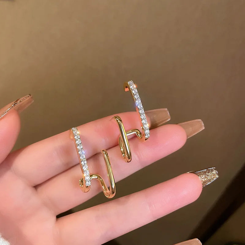 FTCY Luxury Double Row Earrings for Women Korean Irregular U-shaped Gold Color Piercing Earrings Wedding Party Jewelry Gift Volleria