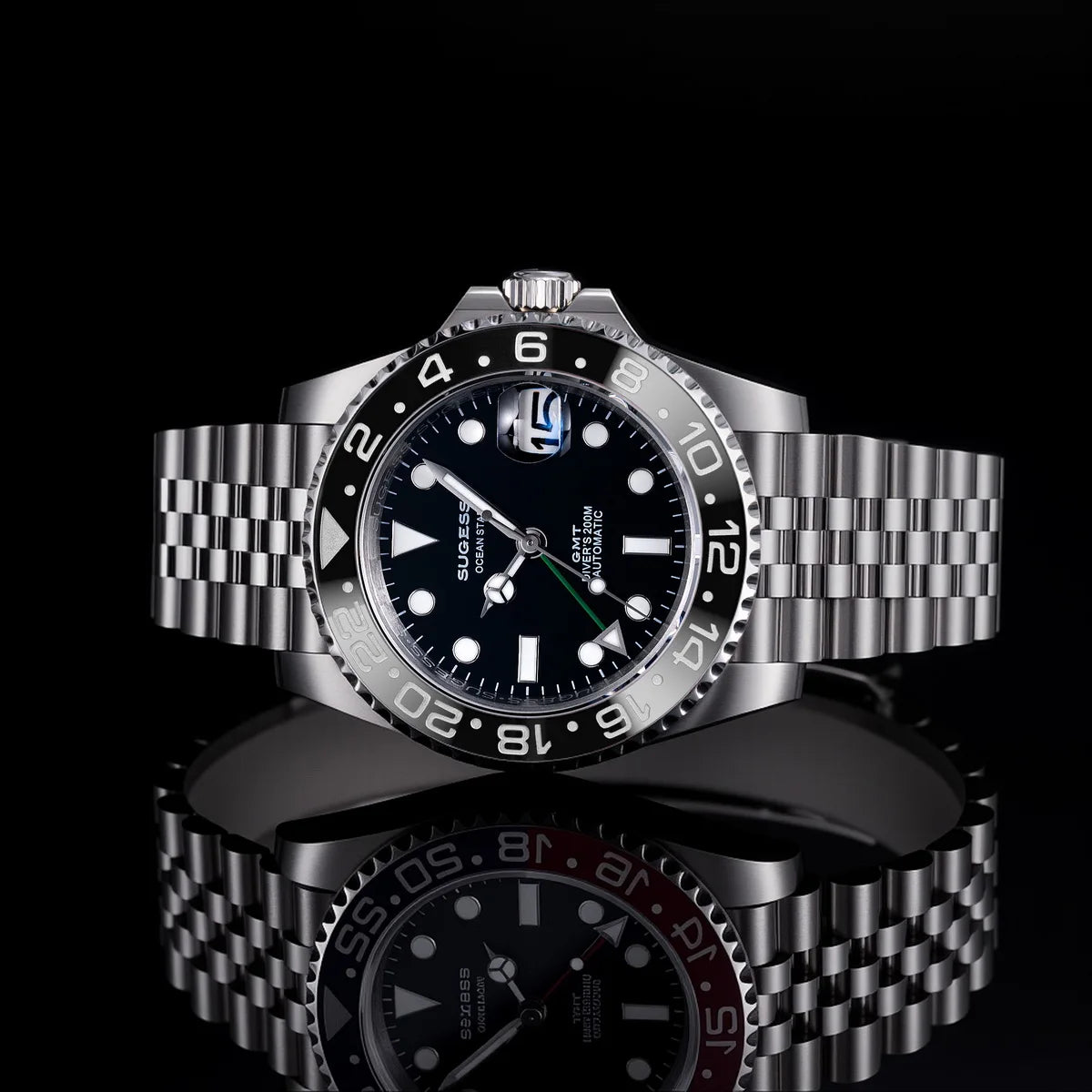 Sugess GMT Diving Watch of Men Automatic Mechanical Waterproof Wristwatches Peacock SL3032 Movement Ceramic Bezel Jubille Band Volleria