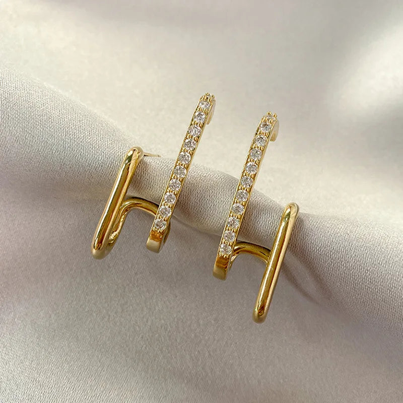 FTCY Luxury Double Row Earrings for Women Korean Irregular U-shaped Gold Color Piercing Earrings Wedding Party Jewelry Gift Volleria