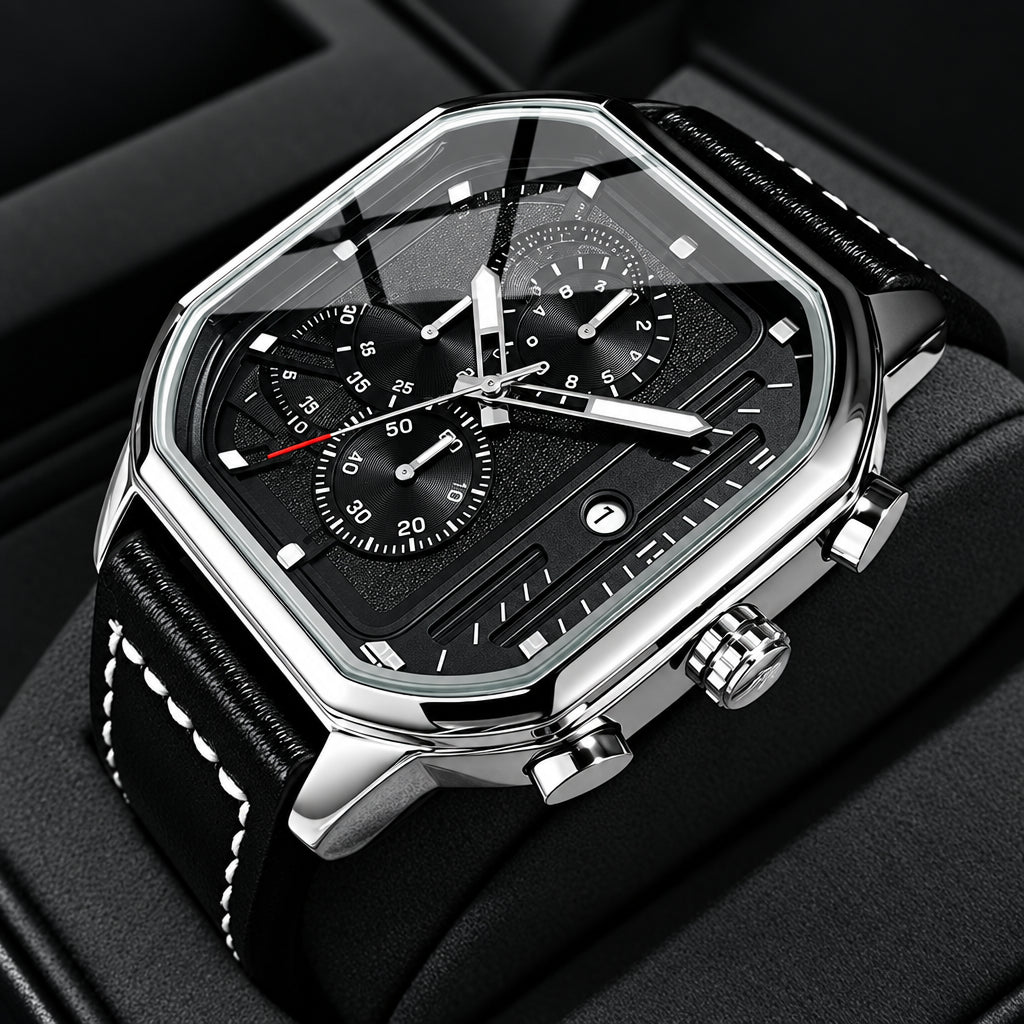 OLEVS 9950 Mens Watch Original Top Brand Square Quartz Wristwatch Waterproof Leather Strap Sport Clock Male Reloj Watch For Men Volleria
