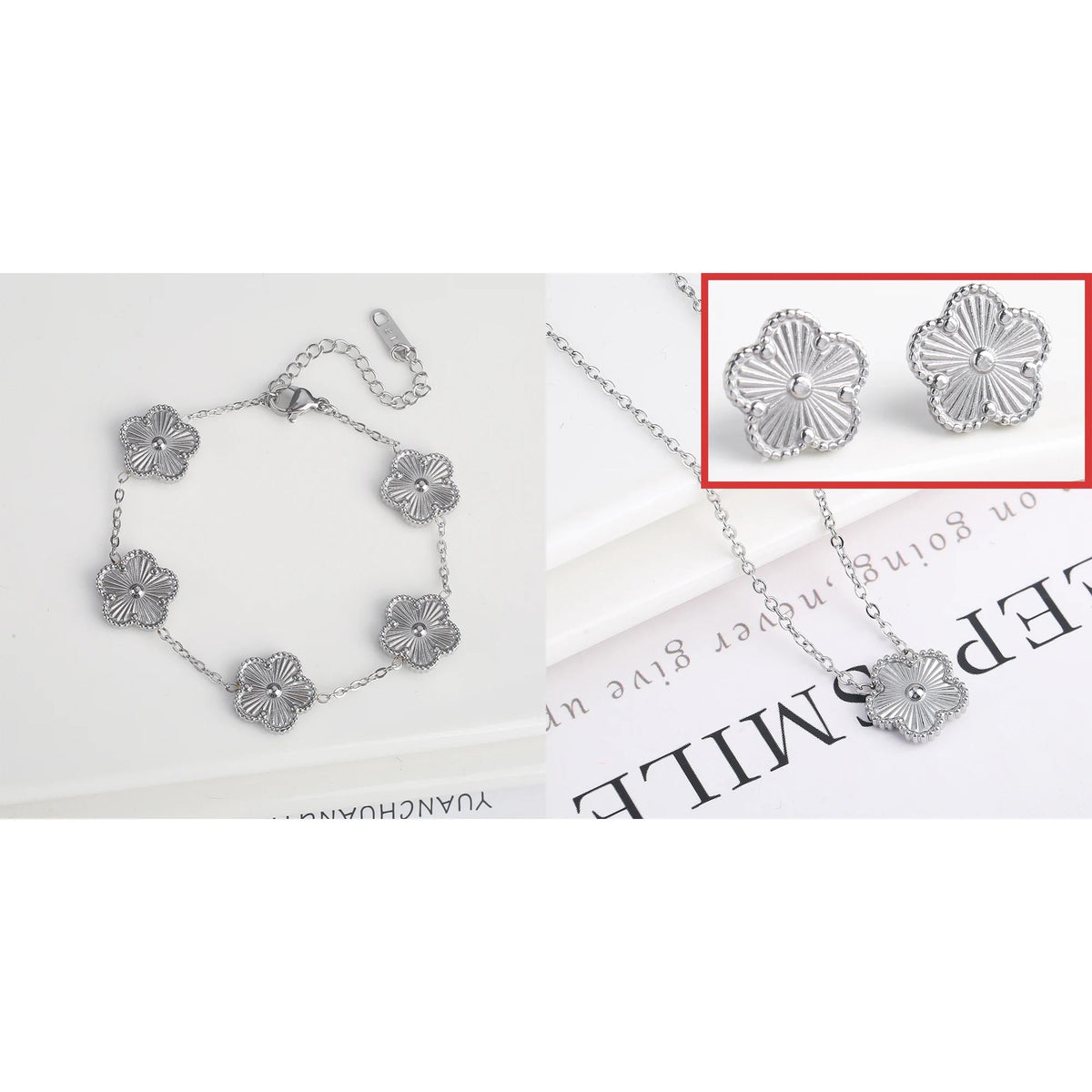 Simple 316L Stainless Steel Flower Five Leaf Necklace Bracelet Earrings 18K Gold Plated Jewelry Set For Women Girl Gift Clover Volleria