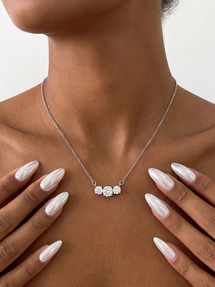 1CT Real Moissanite Diamond Three Round Shiny Necklace Volleria