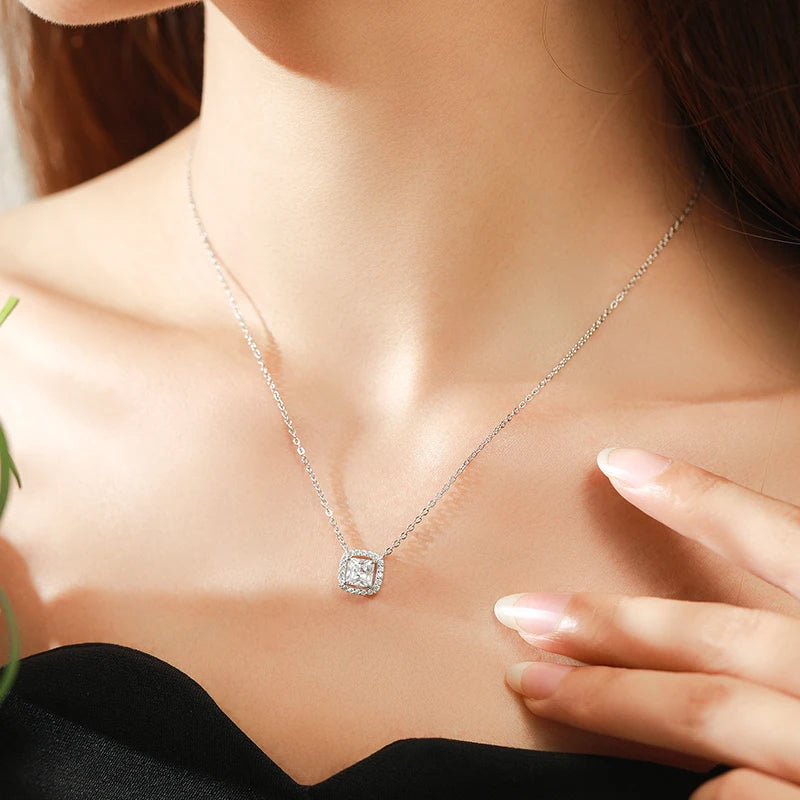 Modian Real 925 Sterling Silver Exquisite Square Shiny Zirconia Pendant Clear CZ Chain Necklace for Women Wedding Fine Jewelry Volleria