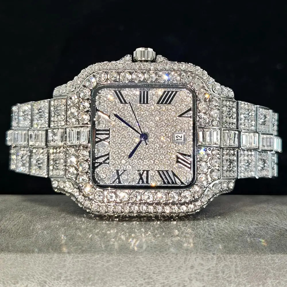 UNIGUET Fashion Diamond Watch for Men Luxury Waterproof Square Quartz Clocks Hip Hop Ice Out Jewelry Wristwatch Male Hot Sell Volleria