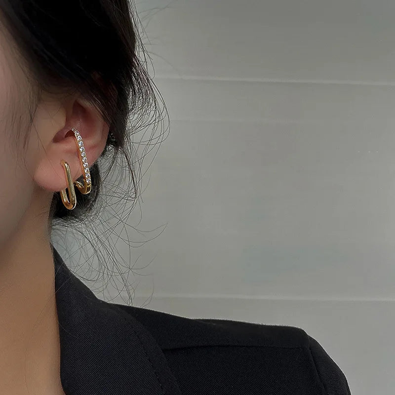 FTCY Luxury Double Row Earrings for Women Korean Irregular U-shaped Gold Color Piercing Earrings Wedding Party Jewelry Gift Volleria
