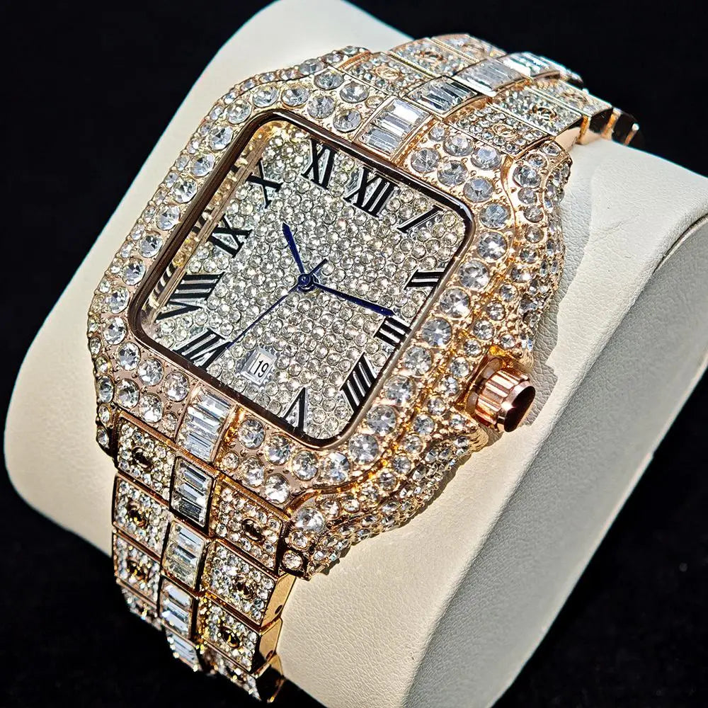 UNIGUET Fashion Diamond Watch for Men Luxury Waterproof Square Quartz Clocks Hip Hop Ice Out Jewelry Wristwatch Male Hot Sell Volleria