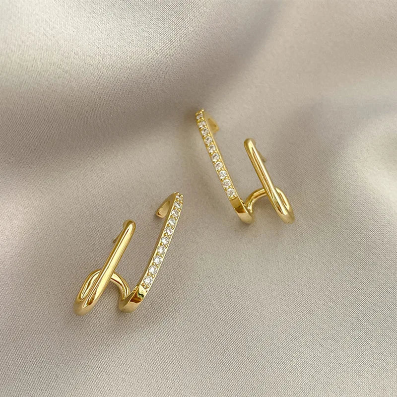 FTCY Luxury Double Row Earrings for Women Korean Irregular U-shaped Gold Color Piercing Earrings Wedding Party Jewelry Gift Volleria