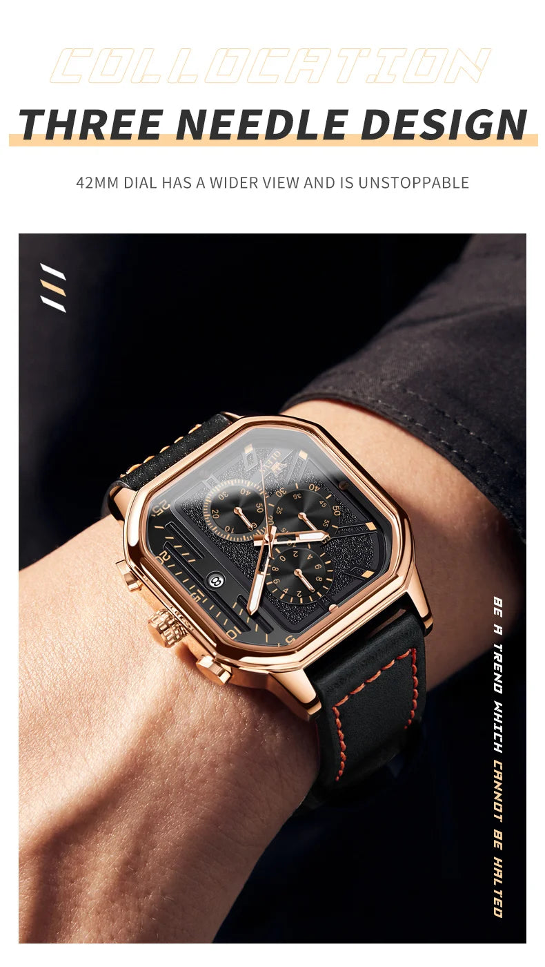 OLEVS 9950 Mens Watch Original Top Brand Square Quartz Wristwatch Waterproof Leather Strap Sport Clock Male Reloj Watch For Men Volleria