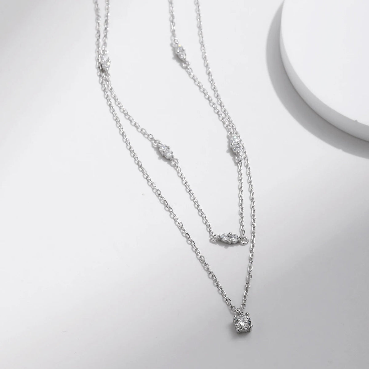 Moissanite  Double Layer Pendant Necklace 925 Sterling Silvery Volleria