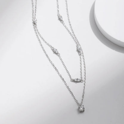 Moissanite  Double Layer Pendant Necklace 925 Sterling Silvery Volleria