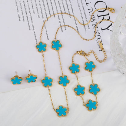 Simple 316L Stainless Steel Flower Five Leaf Necklace Bracelet Earrings 18K Gold Plated Jewelry Set For Women Girl Gift Clover Volleria