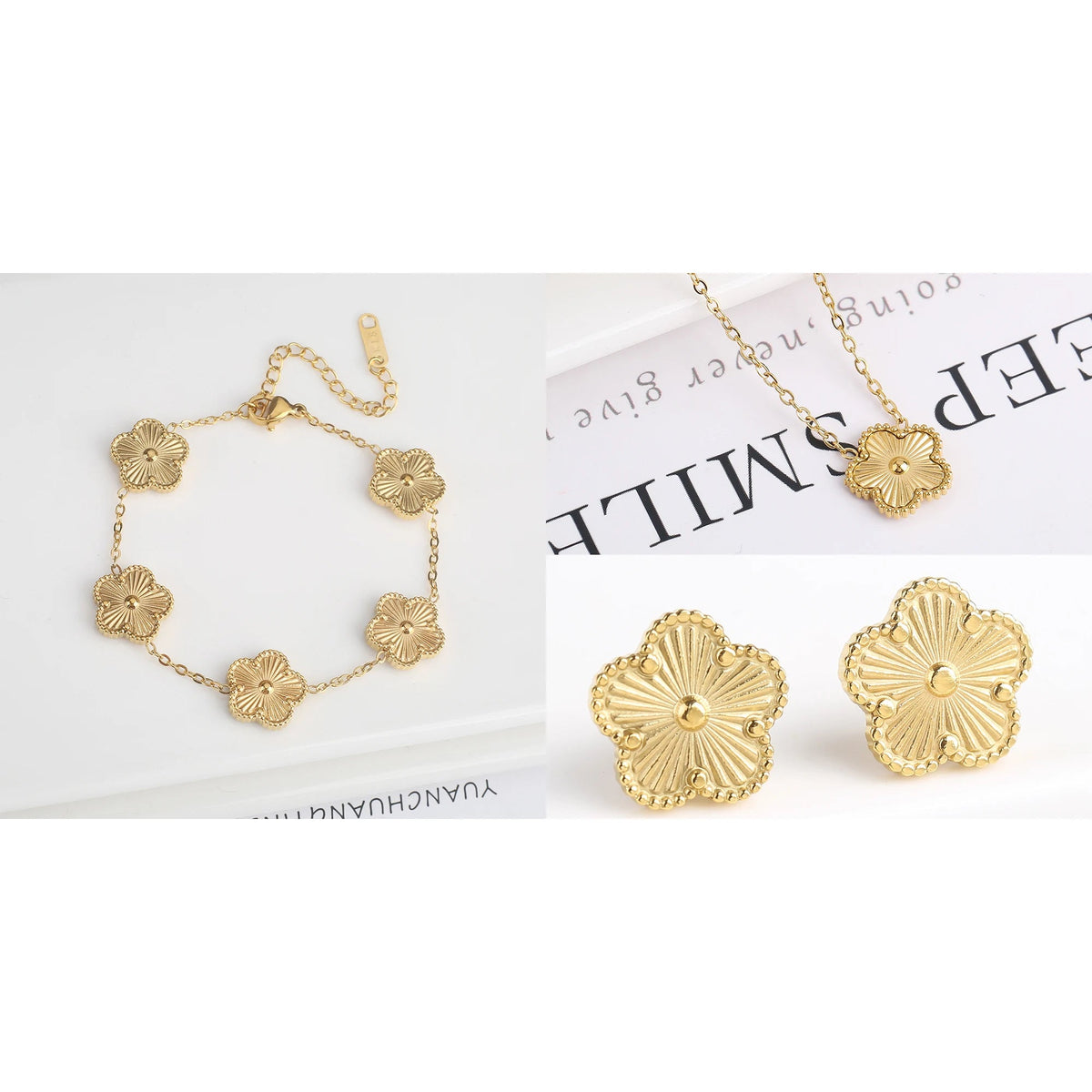 Simple 316L Stainless Steel Flower Five Leaf Necklace Bracelet Earrings 18K Gold Plated Jewelry Set For Women Girl Gift Clover Volleria