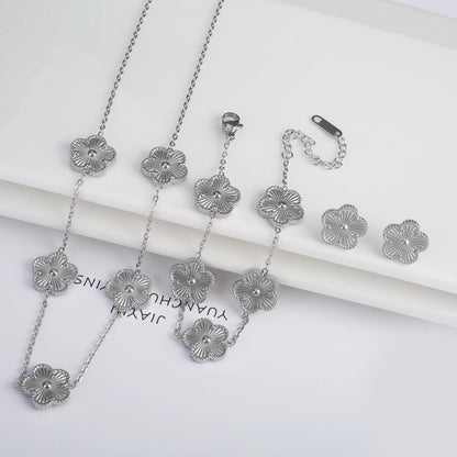 Simple 316L Stainless Steel Flower Five Leaf Necklace Bracelet Earrings 18K Gold Plated Jewelry Set For Women Girl Gift Clover Volleria