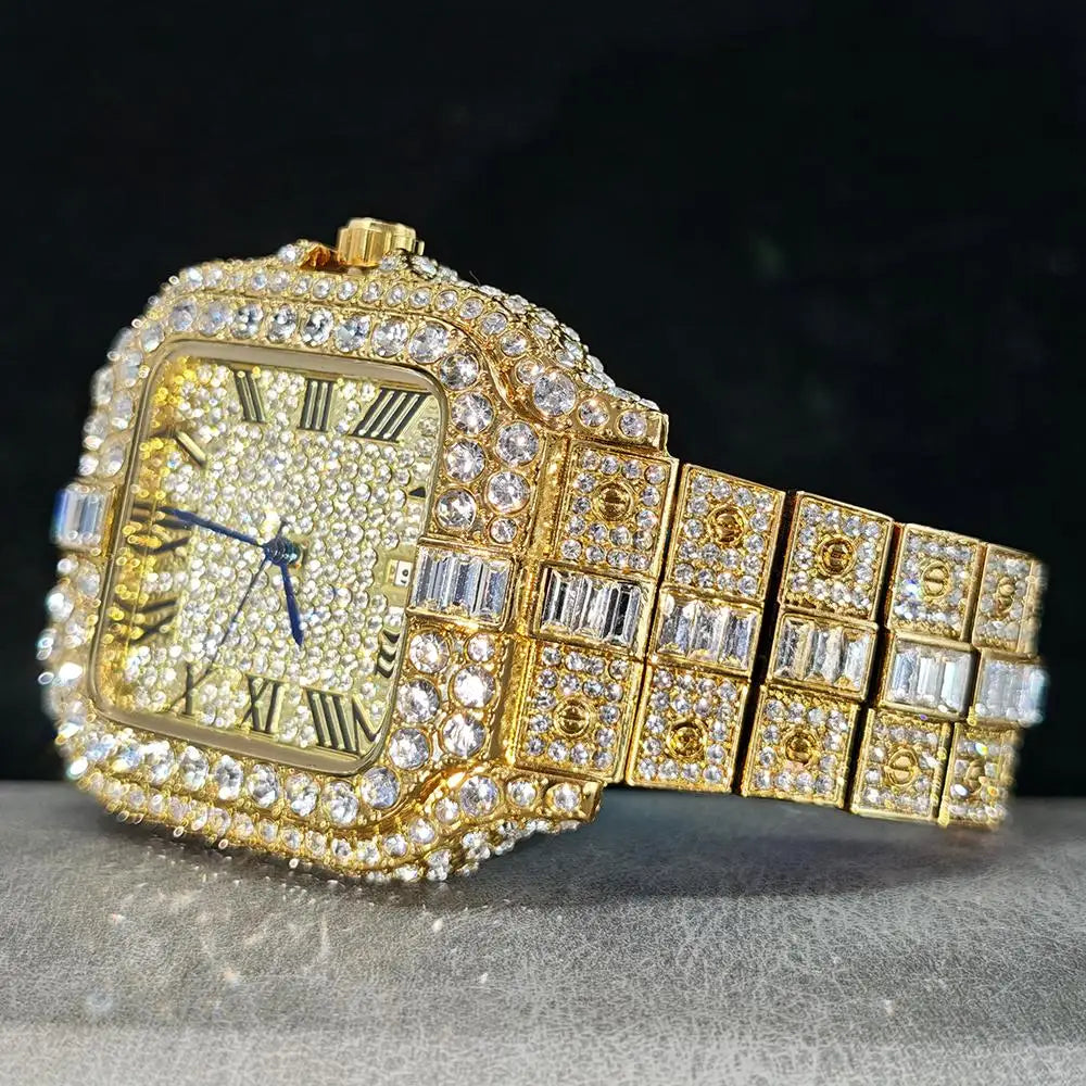UNIGUET Fashion Diamond Watch for Men Luxury Waterproof Square Quartz Clocks Hip Hop Ice Out Jewelry Wristwatch Male Hot Sell Volleria