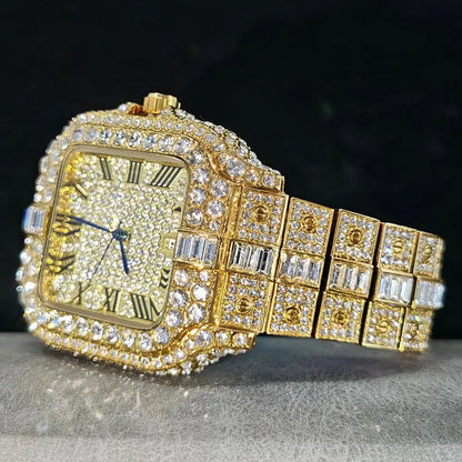UNIGUET Fashion Diamond Watch for Men Luxury Waterproof Square Quartz Clocks Hip Hop Ice Out Jewelry Wristwatch Male Hot Sell Volleria