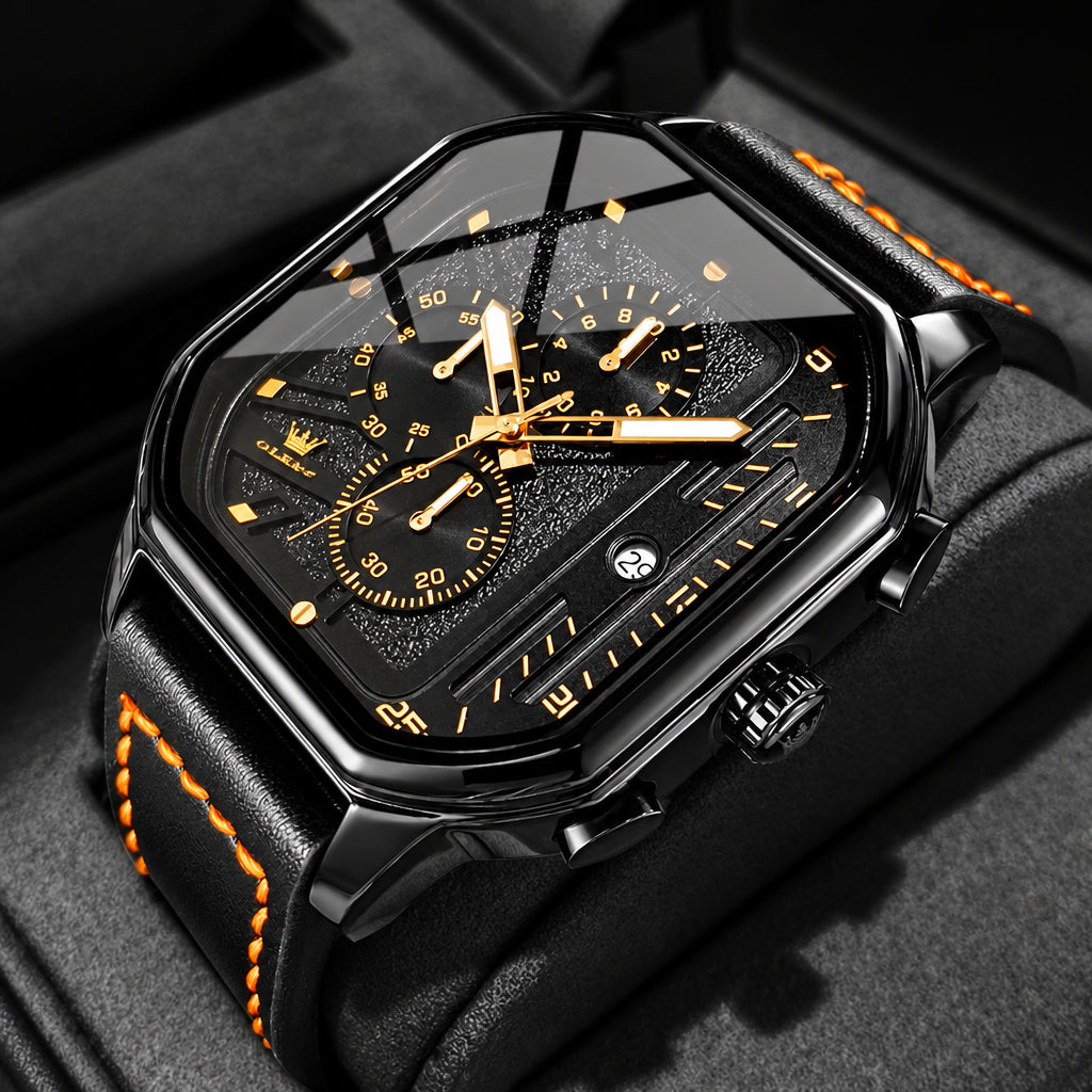 OLEVS 9950 Mens Watch Original Top Brand Square Quartz Wristwatch Waterproof Leather Strap Sport Clock Male Reloj Watch For Men Volleria