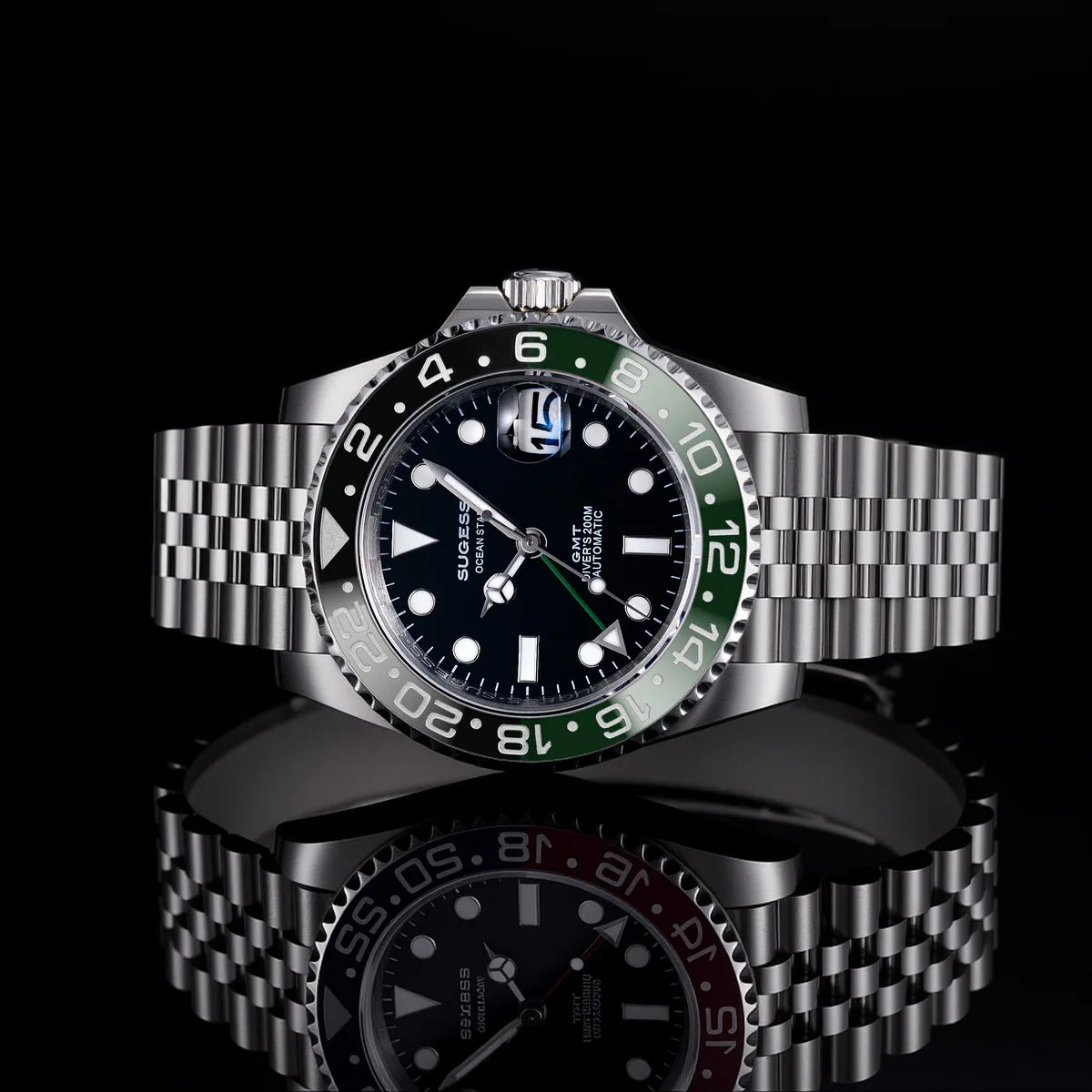 Sugess GMT Diving Watch of Men Automatic Mechanical Waterproof Wristwatches Peacock SL3032 Movement Ceramic Bezel Jubille Band Volleria