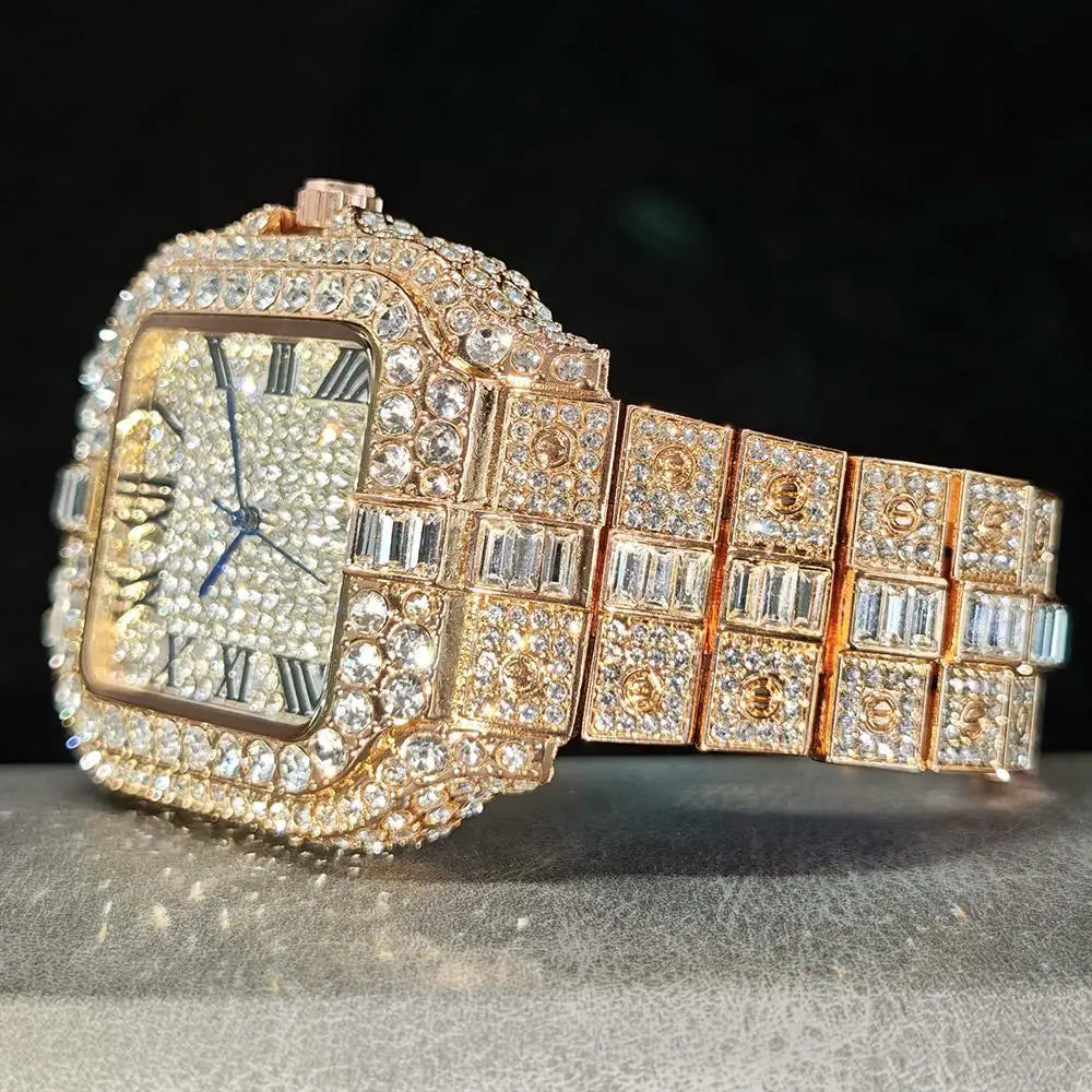 UNIGUET Fashion Diamond Watch for Men Luxury Waterproof Square Quartz Clocks Hip Hop Ice Out Jewelry Wristwatch Male Hot Sell Volleria
