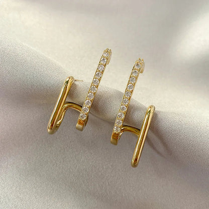 FTCY Luxury Double Row Earrings for Women Korean Irregular U-shaped Gold Color Piercing Earrings Wedding Party Jewelry Gift Volleria