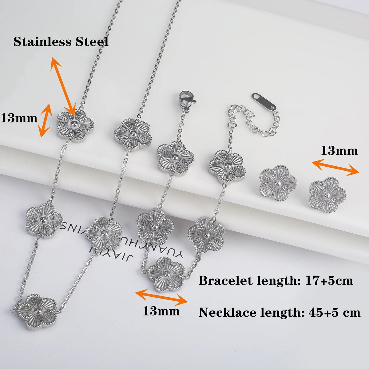 Simple 316L Stainless Steel Flower Five Leaf Necklace Bracelet Earrings 18K Gold Plated Jewelry Set For Women Girl Gift Clover Volleria