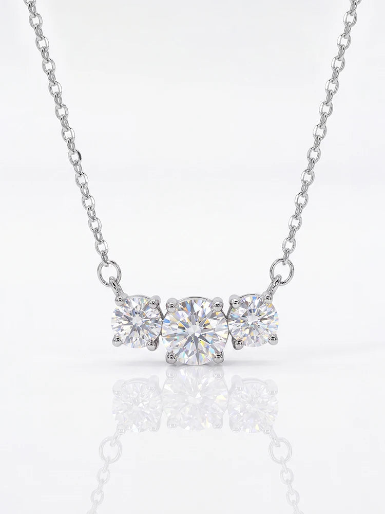 1CT Real Moissanite Diamond Three Round Shiny Necklace Volleria