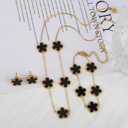 Simple 316L Stainless Steel Flower Five Leaf Necklace Bracelet Earrings 18K Gold Plated Jewelry Set For Women Girl Gift Clover Volleria