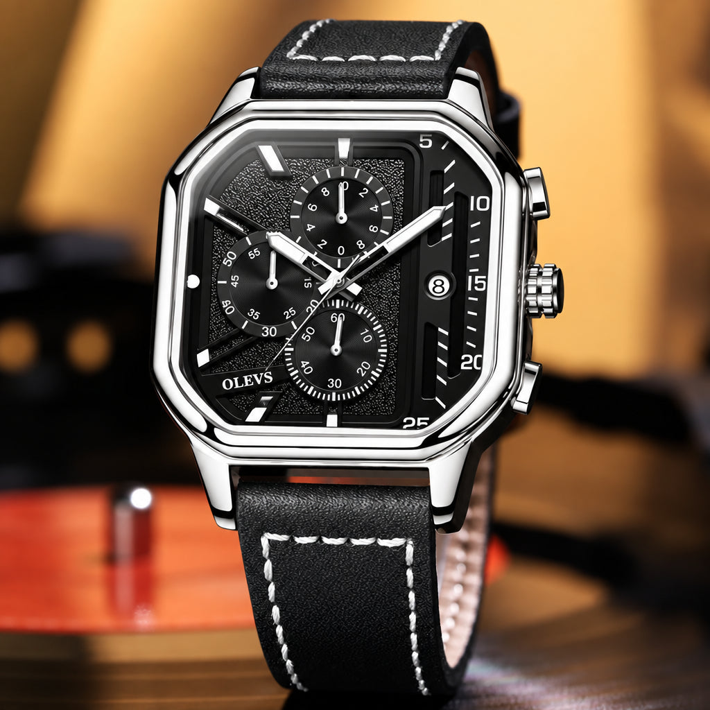 OLEVS 9950 Mens Watch Original Top Brand Square Quartz Wristwatch Waterproof Leather Strap Sport Clock Male Reloj Watch For Men Volleria
