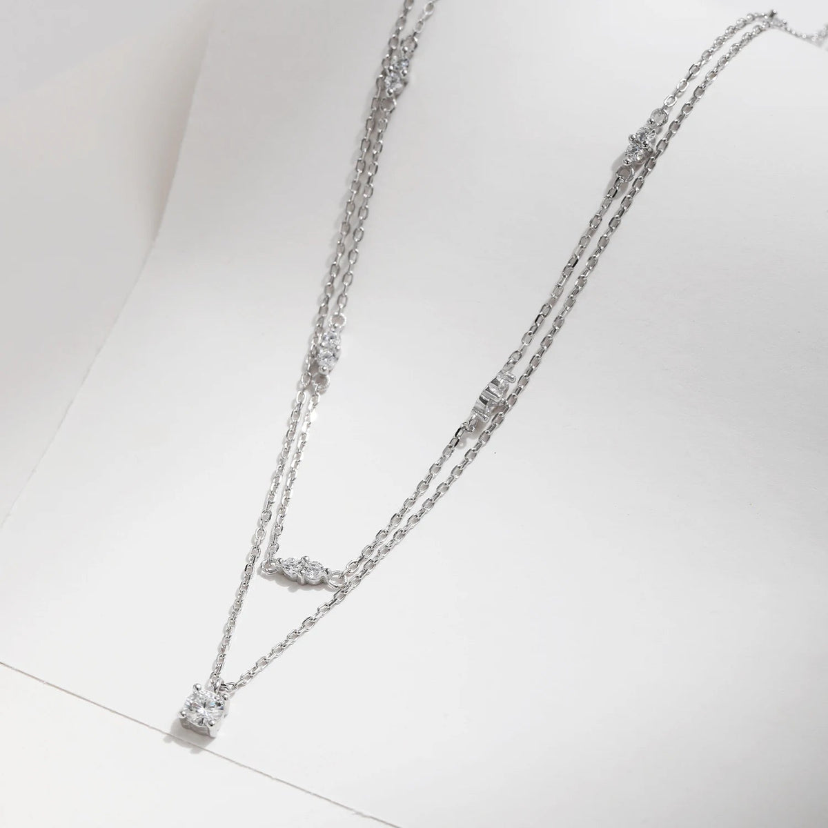 Moissanite  Double Layer Pendant Necklace 925 Sterling Silvery Volleria