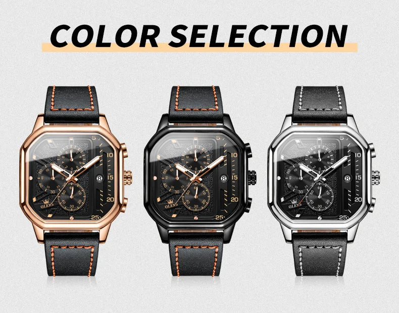 OLEVS 9950 Mens Watch Original Top Brand Square Quartz Wristwatch Waterproof Leather Strap Sport Clock Male Reloj Watch For Men Volleria
