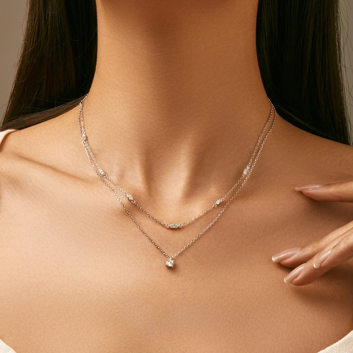 Moissanite  Double Layer Pendant Necklace 925 Sterling Silvery Volleria