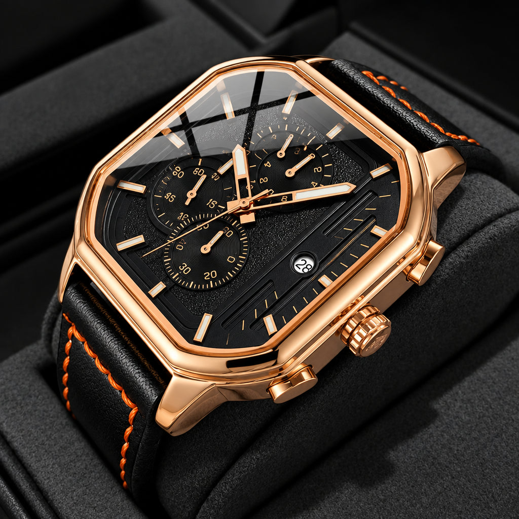 OLEVS 9950 Mens Watch Original Top Brand Square Quartz Wristwatch Waterproof Leather Strap Sport Clock Male Reloj Watch For Men Volleria