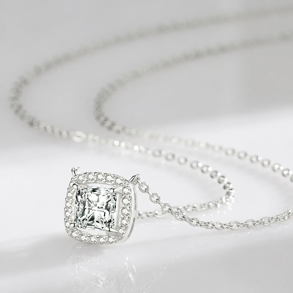 Modian Real 925 Sterling Silver Exquisite Square Shiny Zirconia Pendant Clear CZ Chain Necklace for Women Wedding Fine Jewelry Volleria