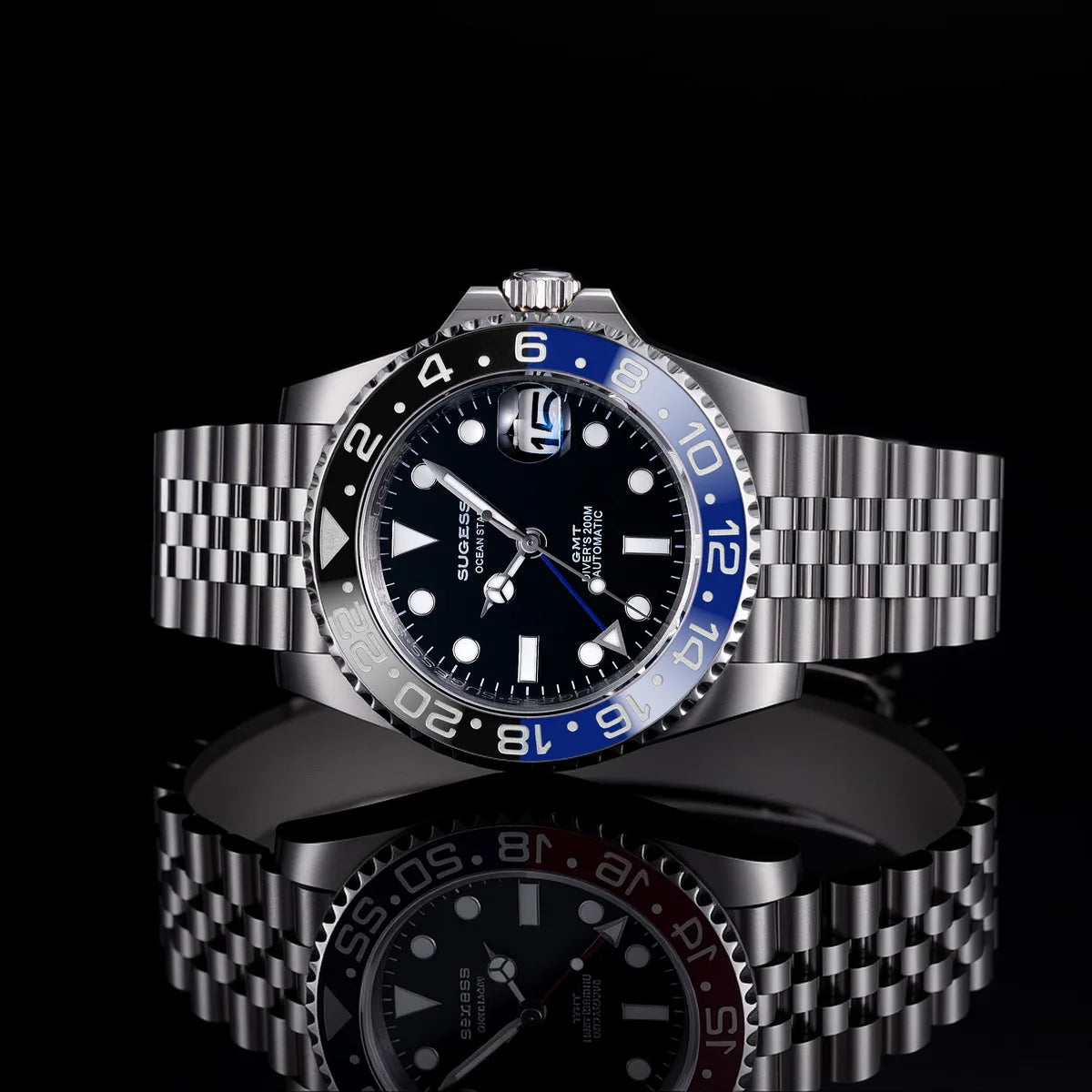 Sugess GMT Diving Watch of Men Automatic Mechanical Waterproof Wristwatches Peacock SL3032 Movement Ceramic Bezel Jubille Band Volleria