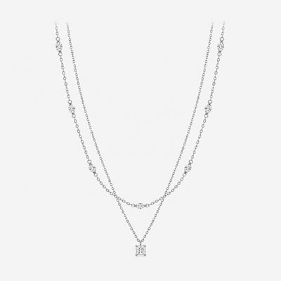 Moissanite  Double Layer Pendant Necklace 925 Sterling Silvery