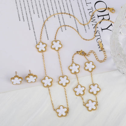 Simple 316L Stainless Steel Flower Five Leaf Necklace Bracelet Earrings 18K Gold Plated Jewelry Set For Women Girl Gift Clover Volleria