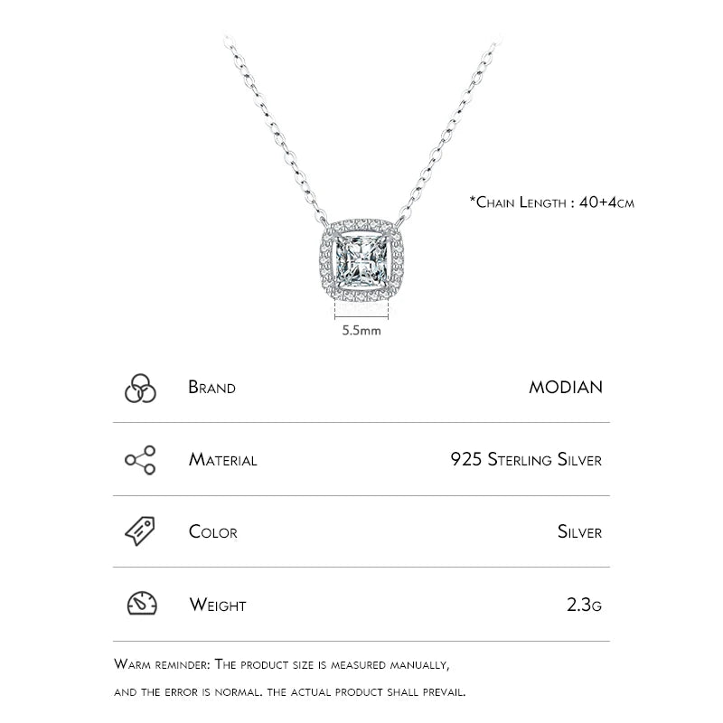 Modian Real 925 Sterling Silver Exquisite Square Shiny Zirconia Pendant Clear CZ Chain Necklace for Women Wedding Fine Jewelry Volleria